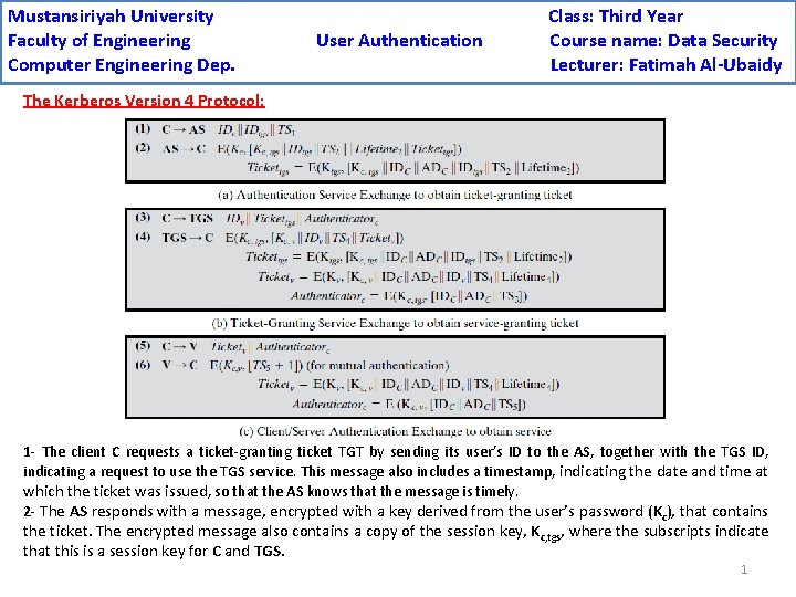 Mustansiriyah University Faculty of Engineering Computer Engineering Dep. User Authentication Class: Third Year Course