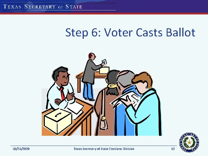 Step 6: Voter Casts Ballot 10/26/2020 Texas Secretary of State Elections Division 62 
