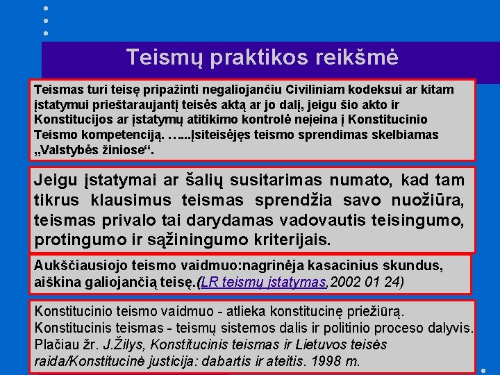 Teismų praktikos reikšmė Teismas turi teisę pripažinti negaliojančiu Civiliniam kodeksui ar kitam įstatymui prieštaraujantį