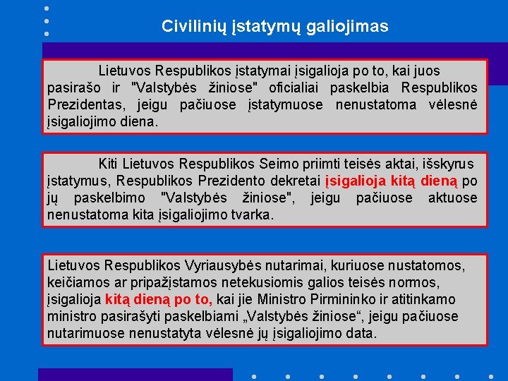 Civilinių įstatymų galiojimas Lietuvos Respublikos įstatymai įsigalioja po to, kai juos pasirašo ir "Valstybės