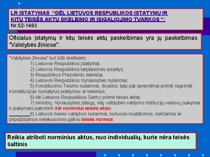 LR ĮSTATYMAS “DĖL LIETUVOS RESPUBLIKOS ĮSTATYMŲ IR KITŲ TEISĖS AKTŲ SKELBIMO IR ĮSIGALIOJIMO TVARKOS