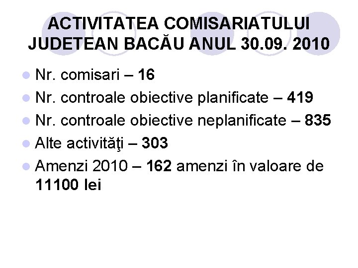 ACTIVITATEA COMISARIATULUI JUDETEAN BACĂU ANUL 30. 09. 2010 l Nr. comisari – 16 l