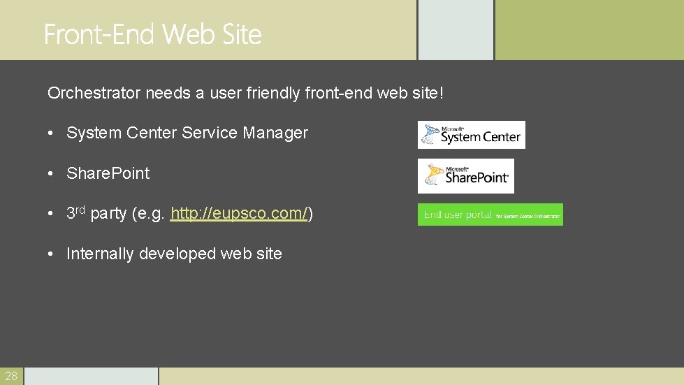 Orchestrator needs a user friendly front-end web site! • System Center Service Manager •