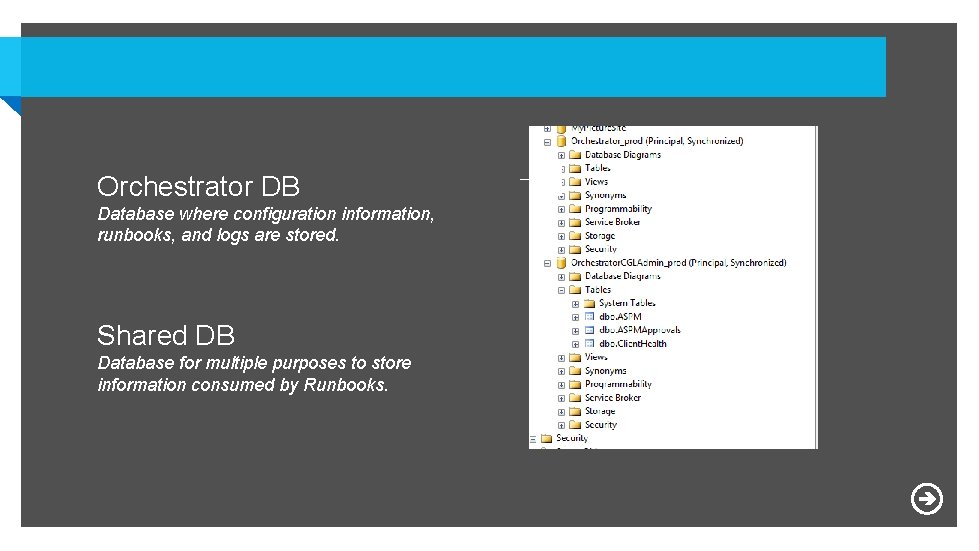 Orchestrator DB Database where configuration information, runbooks, and logs are stored. Shared DB Database