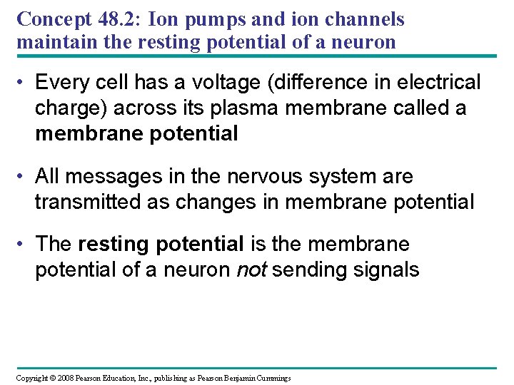 Concept 48. 2: Ion pumps and ion channels maintain the resting potential of a