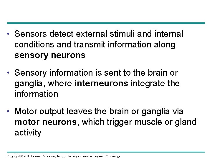  • Sensors detect external stimuli and internal conditions and transmit information along sensory