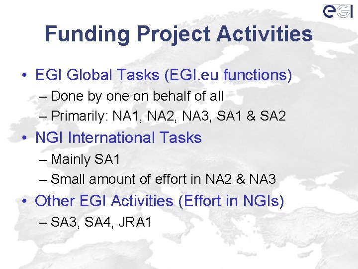 Funding Project Activities • EGI Global Tasks (EGI. eu functions) – Done by one
