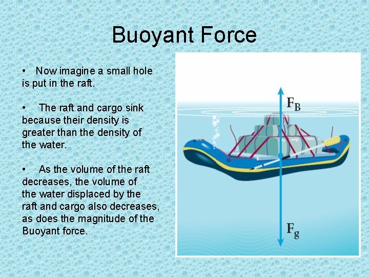 Buoyant Force • Now imagine a small hole is put in the raft. •