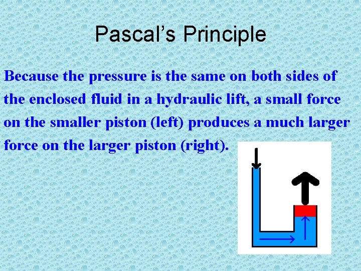 Pascal’s Principle Because the pressure is the same on both sides of the enclosed
