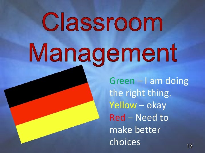 Green – I am doing the right thing. Yellow – okay Red – Need