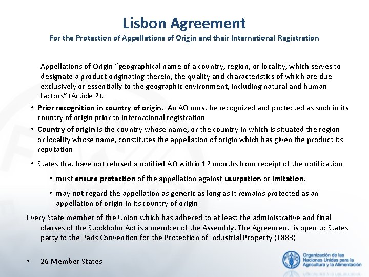 Lisbon Agreement For the Protection of Appellations of Origin and their International Registration Appellations