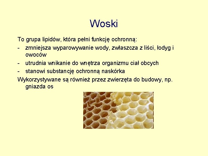 Woski To grupa lipidów, która pełni funkcję ochronną: - zmniejsza wyparowywanie wody, zwłaszcza z