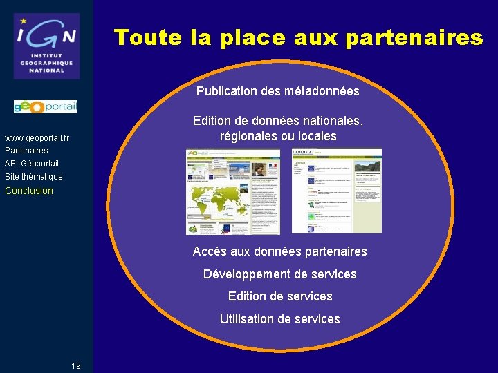Toute la place aux partenaires Publication des métadonnées Edition de données nationales, régionales ou Toute la place aux partenaires Publication des métadonnées Edition de données nationales, régionales ou