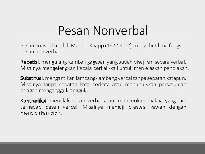 Pesan Nonverbal Pesan nonverbal oleh Mark L. Knapp (1972: 9 -12) menyebut lima fungsi