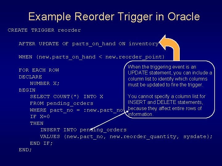 Example Reorder Trigger in Oracle CREATE TRIGGER reorder AFTER UPDATE OF parts_on_hand ON inventory