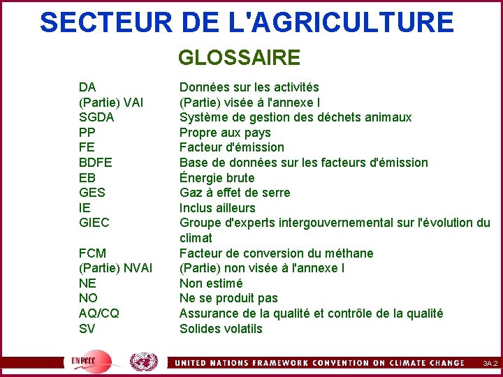 SECTEUR DE L'AGRICULTURE GLOSSAIRE DA (Partie) VAI SGDA PP FE BDFE EB GES IE