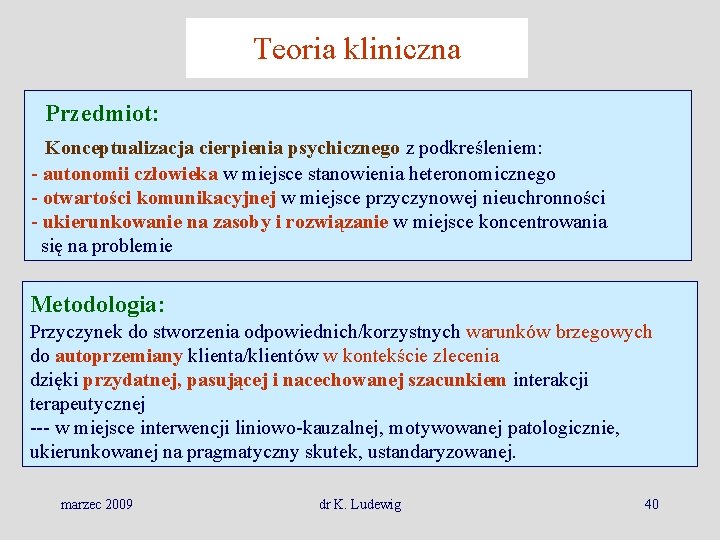 Teoria kliniczna Przedmiot: Konceptualizacja cierpienia psychicznego z podkreśleniem: - autonomii człowieka w miejsce stanowienia