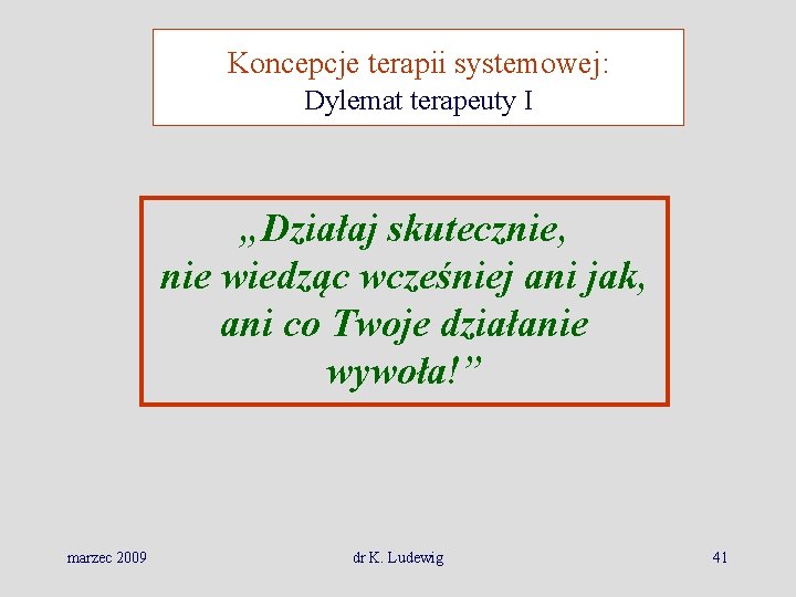 Koncepcje terapii systemowej: Dylemat terapeuty I „Działaj skutecznie, nie wiedząc wcześniej ani jak, ani