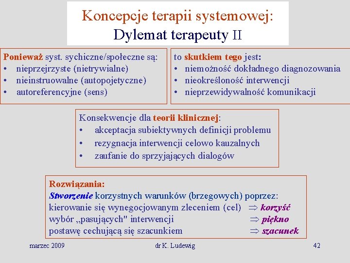 Koncepcje terapii systemowej: Dylemat terapeuty II Ponieważ syst. sychiczne/społeczne są: • nieprzejrzyste (nietrywialne) •