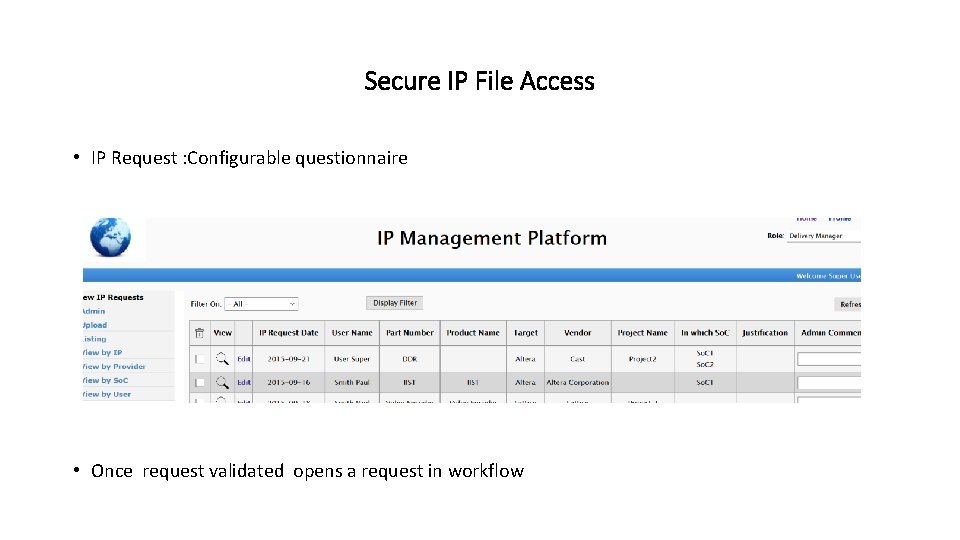 Secure IP File Access • IP Request : Configurable questionnaire • Once request validated