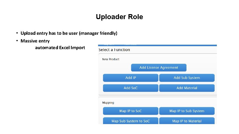 Uploader Role • Upload entry has to be user (manager friendly) • Massive entry