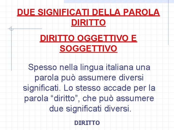 DUE SIGNIFICATI DELLA PAROLA DIRITTO OGGETTIVO E SOGGETTIVO Spesso nella lingua italiana una parola