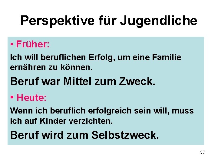 Perspektive für Jugendliche • Früher: Ich will beruflichen Erfolg, um eine Familie ernähren zu