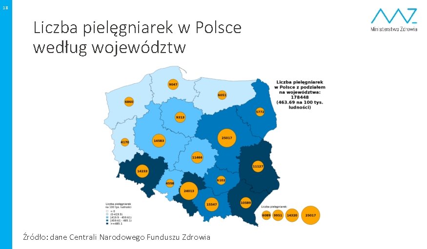 18 Liczba pielęgniarek w Polsce według województw Źródło: dane Centrali Narodowego Funduszu Zdrowia 