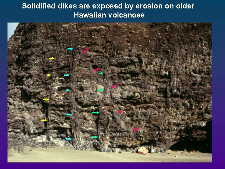 Solidified dikes are exposed by erosion on older Hawaiian volcanoes 