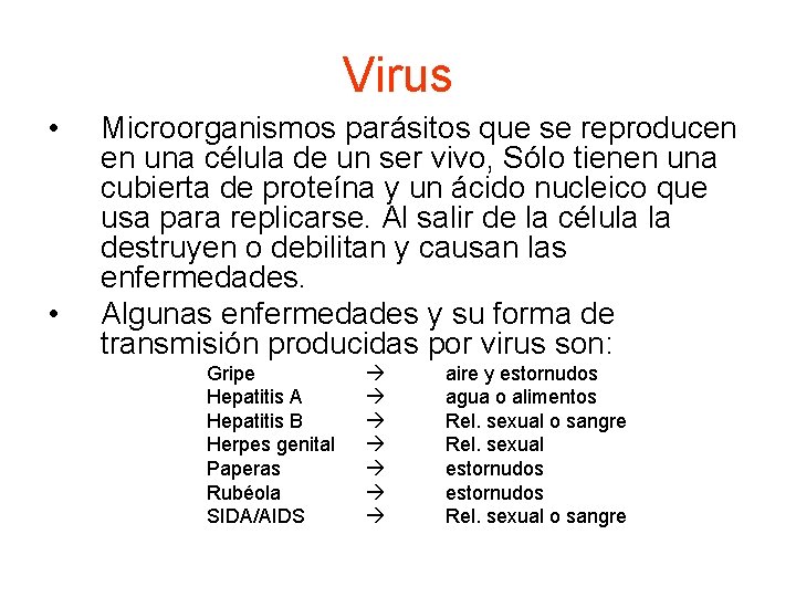 Virus • • Microorganismos parásitos que se reproducen en una célula de un ser
