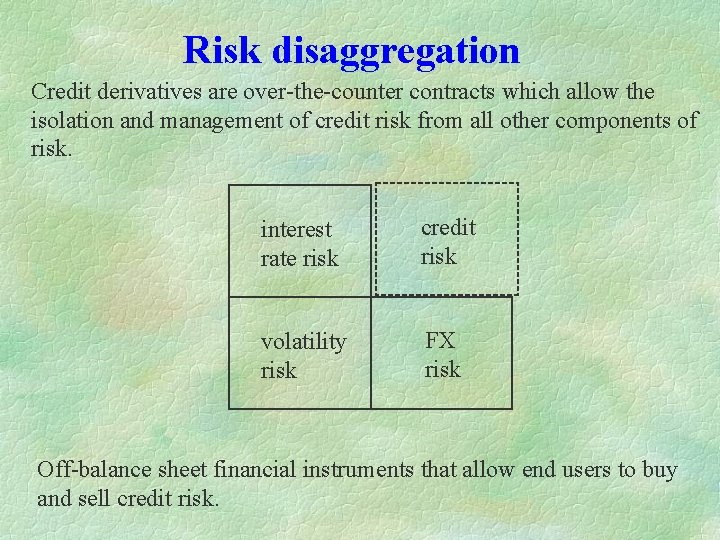 Risk disaggregation Credit derivatives are over-the-counter contracts which allow the isolation and management of Risk disaggregation Credit derivatives are over-the-counter contracts which allow the isolation and management of