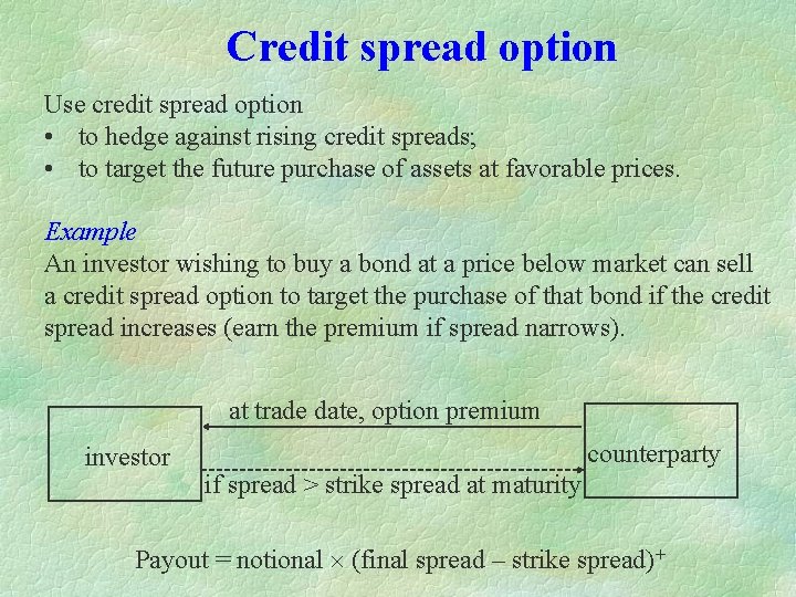 Credit spread option Use credit spread option • to hedge against rising credit spreads;