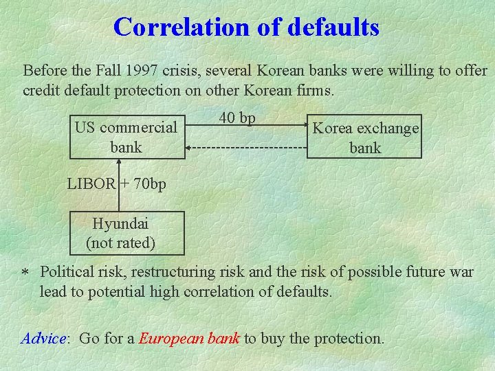 Correlation of defaults Before the Fall 1997 crisis, several Korean banks were willing to