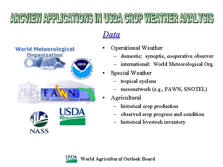 Data • Operational Weather – domestic: synoptic, cooperative observer – international: World Meteorological Org.