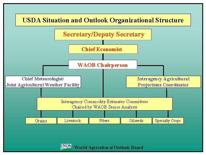 USDA Situation and Outlook Organizational Structure Secretary/Deputy Secretary Chief Economist WAOB Chairperson Chief Meteorologist/