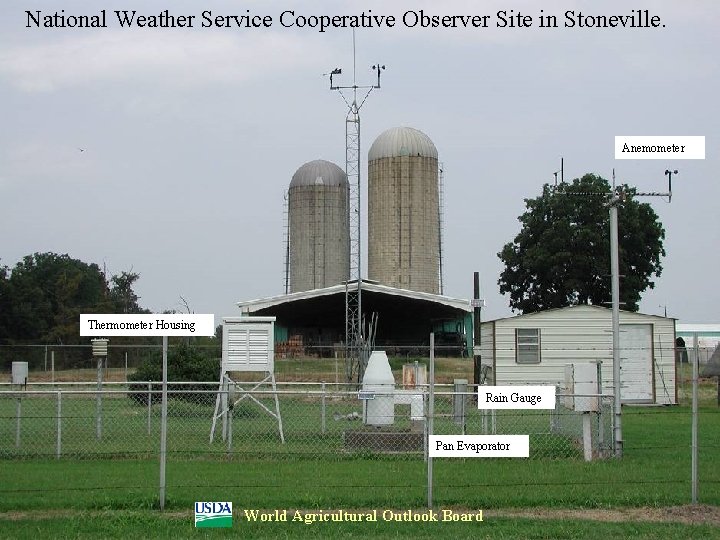 National Weather Service Cooperative Observer Site in Stoneville. Anemometer Thermometer Housing Rain Gauge Pan