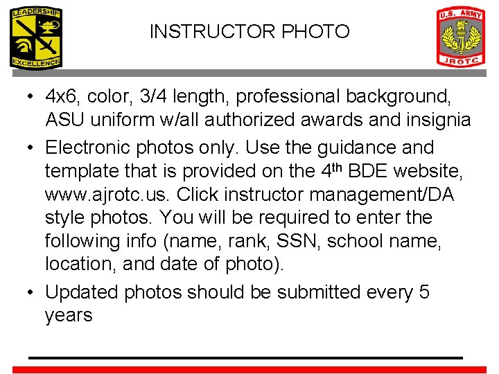 INSTRUCTOR PHOTO • 4 x 6, color, 3/4 length, professional background, ASU uniform w/all