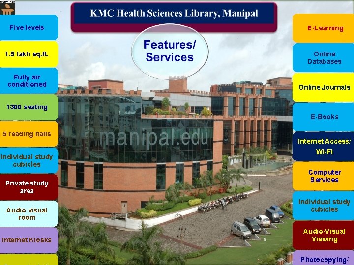 Five levels E-Learning 1. 5 lakh sq. ft. Online Databases Fully air conditioned Online