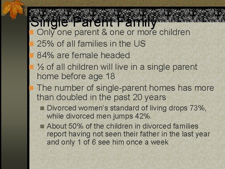 Single Parent Family n Only one parent & one or more children n 25%