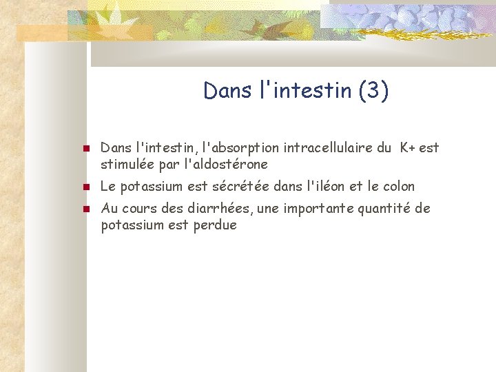 Dans l'intestin (3) Dans l'intestin, l'absorption intracellulaire du K+ est stimulée par l'aldostérone Le