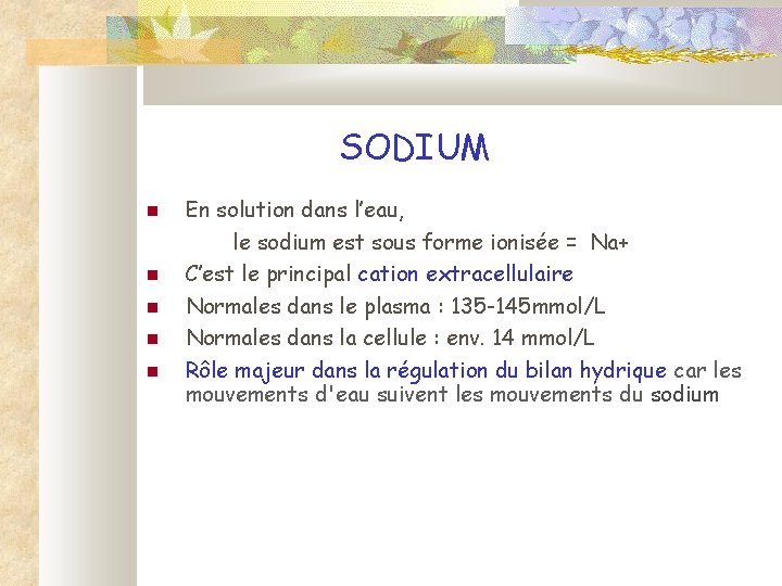 SODIUM En solution dans l’eau, le sodium est sous forme ionisée = Na+ C’est