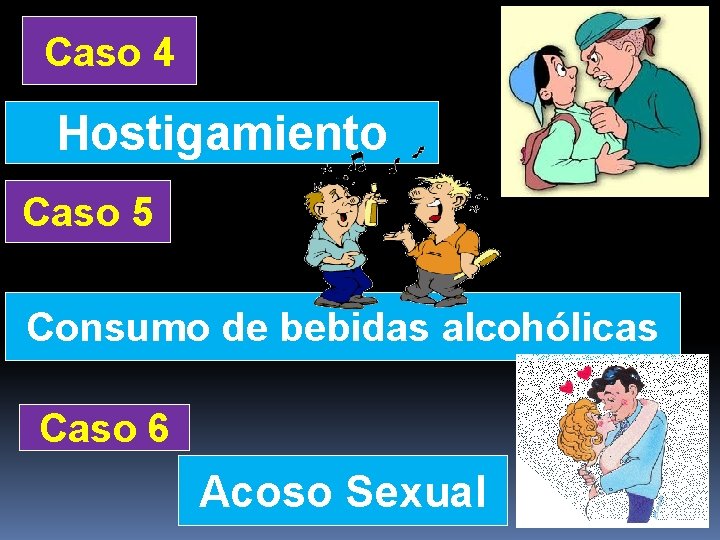 Caso 4 Hostigamiento Caso 5 Consumo de bebidas alcohólicas Caso 6 Acoso Sexual 