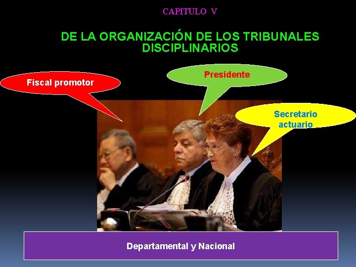 CAPITULO V DE LA ORGANIZACIÓN DE LOS TRIBUNALES DISCIPLINARIOS Fiscal promotor Presidente Secretario actuario