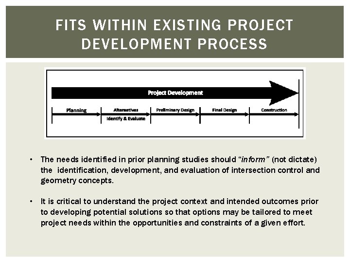 FITS WITHIN EXISTING PROJECT DEVELOPMENT PROCESS • The needs identified in prior planning studies