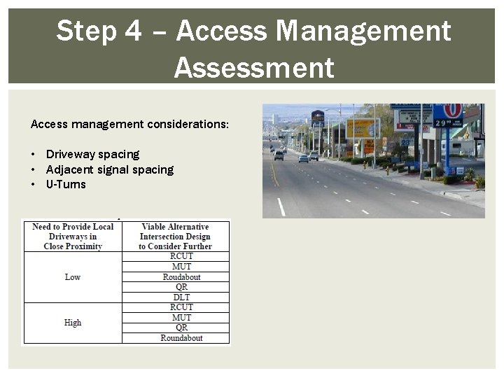 Step 4 – Access Management Assessment Access management considerations: • Driveway spacing • Adjacent