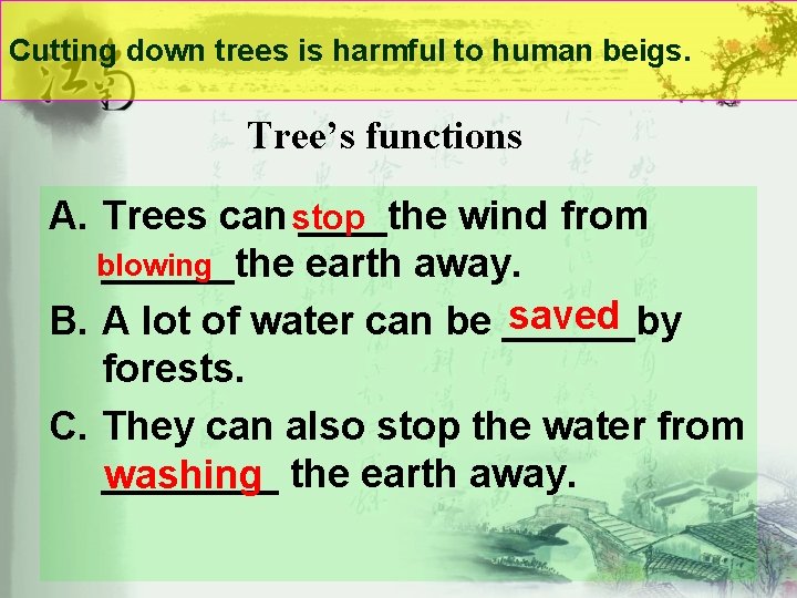 Cutting down trees is harmful to human beigs. Tree’s functions A. Trees can stop