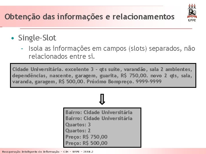 Obtenção das informações e relacionamentos • Single-Slot – Isola as informações em campos (slots)