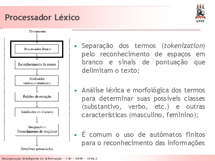 Processador Léxico • Separação dos termos (tokenization) pelo reconhecimento de espaços em branco e