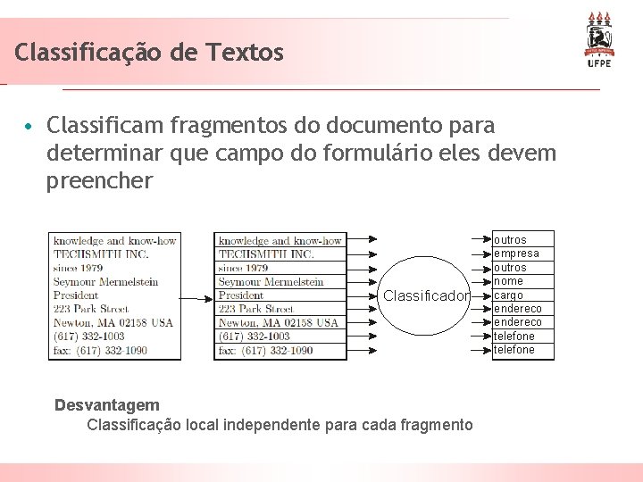 Classificação de Textos Wrappers - Classificação • Classificam fragmentos do documento para determinar que