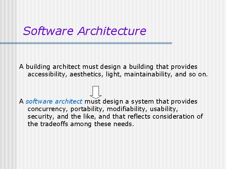 Software Architecture A building architect must design a building that provides accessibility, aesthetics, light, Software Architecture A building architect must design a building that provides accessibility, aesthetics, light,